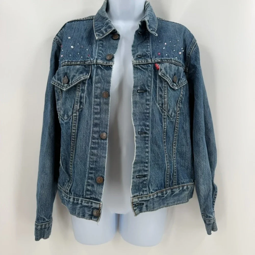 VTG Levis Type III‎ Rhinestone Bedazzled Denim Jacket Made USA 524 L